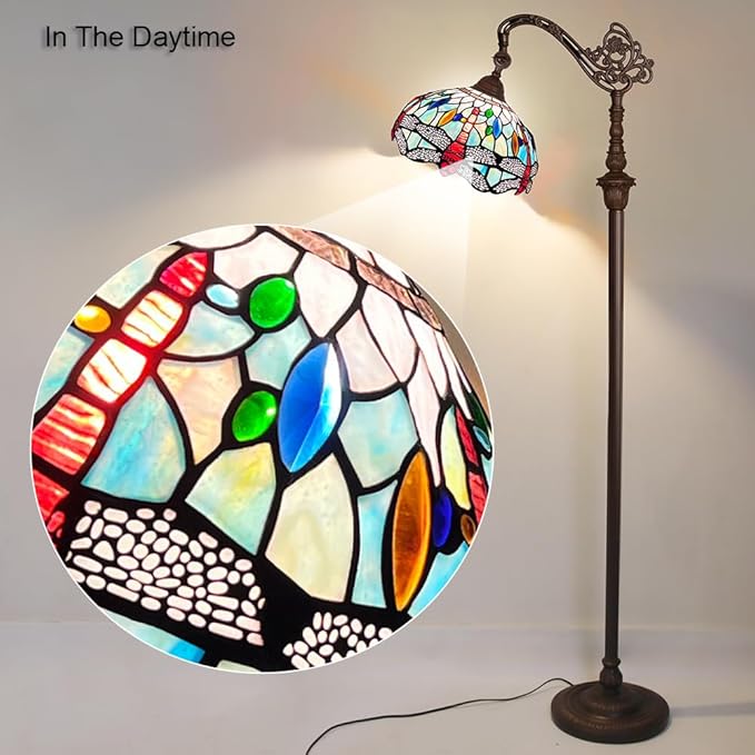 Capulina Tiffany Floor Lamp Fine Sky Dragonfly Style Stained Glass Arched Gooseneck Adjustable Angle Floor Lamp for Living Room Bedroom Home Office - LeafyLoom