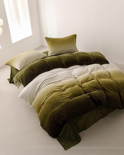 Wellboo Army Green Gradient Comforter Sets Full Green White Fluffy Bedding Comforters Modern Gradient Dark Green Flannel Quilts Farmhouse Abstract Art Watercolor Comforters Sherpa Fuzzy Plush Bedding - LeafyLoom