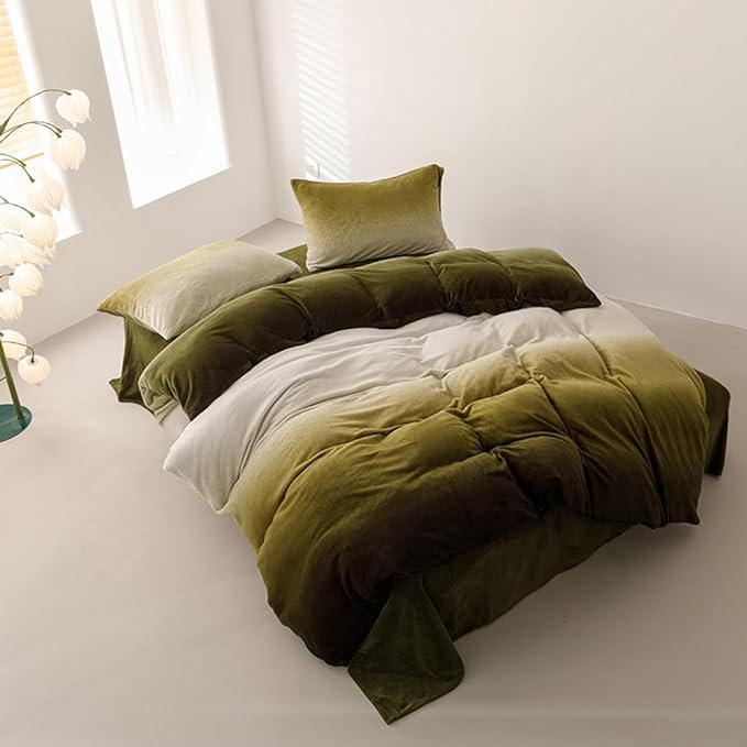 Wellboo Army Green Gradient Comforter Sets Full Green White Fluffy Bedding Comforters Modern Gradient Dark Green Flannel Quilts Farmhouse Abstract Art Watercolor Comforters Sherpa Fuzzy Plush Bedding - LeafyLoom