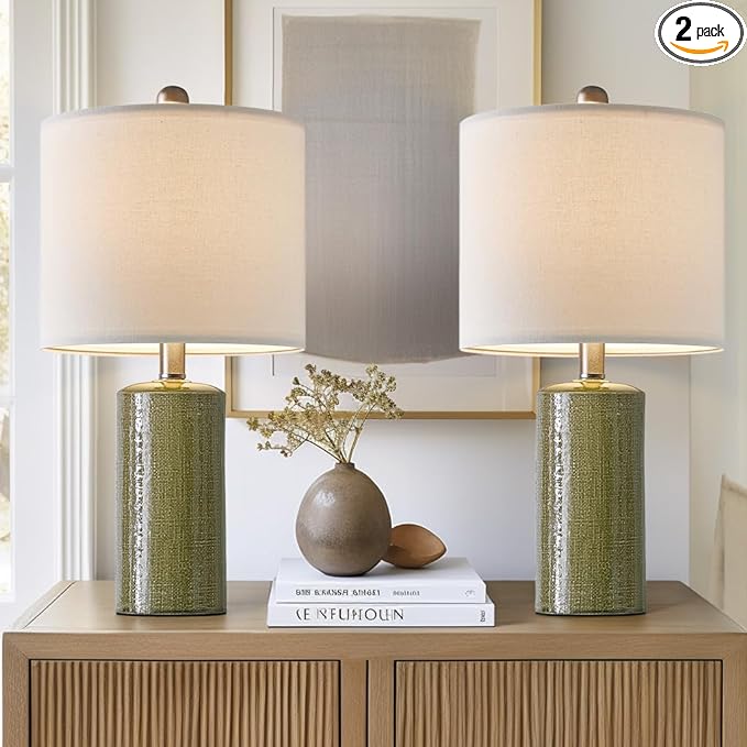 20.25" Small Table Lamps Set of 2 Modern Ceramic Lamps for Living Room Farmhouse Bedside Lamps Boho Lamps for Night Stands Green Bedroom Lamps Side Table Lamps End Table Lamps - LeafyLoom