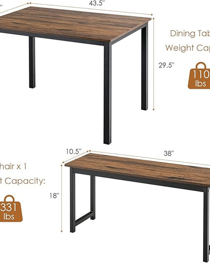 KOTEK Dining Table Set for 4, Modern Kitchen Table Set with 2 Benches, 3 Piece Dining Table and Bench Set for Small Space, 4-Person Dinette Set for Kitchen, Dining Room (Brown) - LeafyLoom