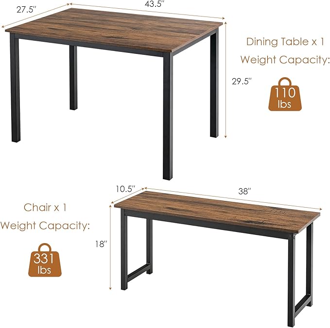 KOTEK Dining Table Set for 4, Modern Kitchen Table Set with 2 Benches, 3 Piece Dining Table and Bench Set for Small Space, 4-Person Dinette Set for Kitchen, Dining Room (Brown) - LeafyLoom
