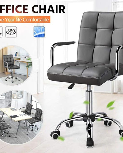 Yaheetech Mid Back Desk Chair, PU Leather Office Task Chair with Armrests/Large Seat, Adjustable Chair with Wheels, Grey - LeafyLoom