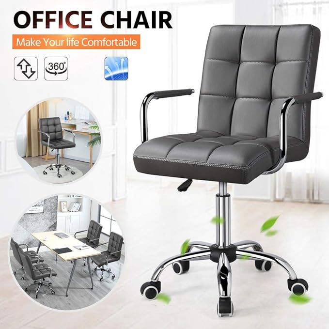 Yaheetech Mid Back Desk Chair, PU Leather Office Task Chair with Armrests/Large Seat, Adjustable Chair with Wheels, Grey - LeafyLoom