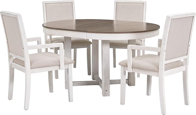 5-Piece Wooden Extendable Round to Oval Dining Table Set with 4 Armrest Upholstered Chairs for Kitchen, Breakfast Nook, Living Room, Brown+White, 42"-57.7" L x 42" W x 30" H - LeafyLoom