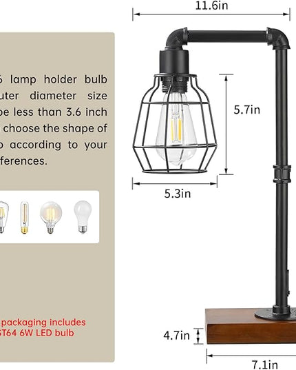 CONCA Industrial Steampunk Table Lamp, Edison Bulb, Metal, A-Black, 19.6x11.7x5.35 inches, 3 lbs, E26 Base, 800 Lumen, 120V - LeafyLoom
