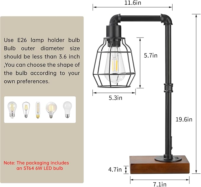CONCA Industrial Steampunk Table Lamp, Edison Bulb, Metal, A-Black, 19.6x11.7x5.35 inches, 3 lbs, E26 Base, 800 Lumen, 120V - LeafyLoom