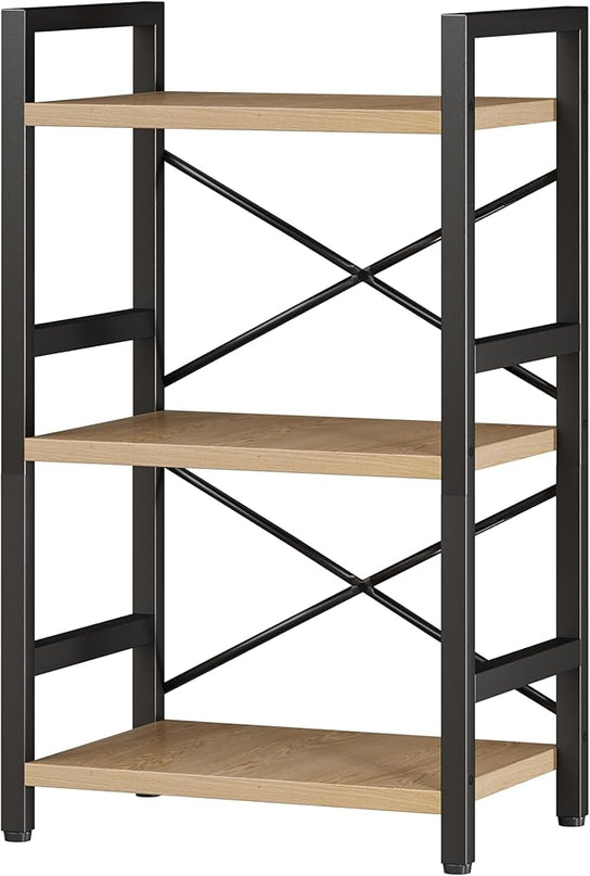 Bookshelf, 3 Tier Industrial Bookcase, Metal Small Bookcase, Rustic Etagere Book Shelf Storage Organizer for Living Room, Bedroom, and Home Office(Light Coffee) Patent Pending D29873033 - LeafyLoom