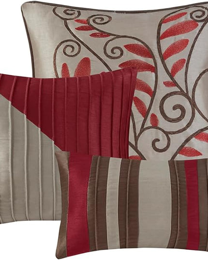 Madison Park Amherst Faux Silk Comforter Set-Casual Contemporary Design All Season Down Alternative Bedding, Matching Shams, Bedskirt, Decorative Pillows, Queen(90"x90"), Red, 7 Piece (MP10-037) - LeafyLoom
