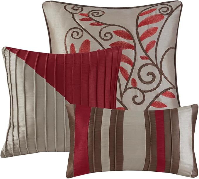 Madison Park Amherst Faux Silk Comforter Set-Casual Contemporary Design All Season Down Alternative Bedding, Matching Shams, Bedskirt, Decorative Pillows, Queen(90"x90"), Red, 7 Piece (MP10-037) - LeafyLoom