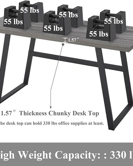BON AUGURE 55 inch Modern Writing Desk, Rustic Computer Desk for Home Office, Sturdy Simple Wood and Metal Desk, Industrial Work Study Table (Dark Grey Oak) - LeafyLoom