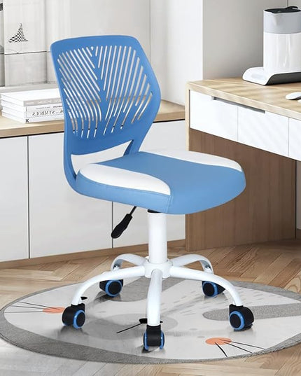 FurnitureR Desk Chair Small Study Chairs Armless for Child Kids Teens, Swivel Rolling Lightweight Task Chair with Wheels and Pu Leather Padded Cushion, Blue/White - LeafyLoom