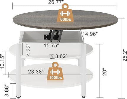 FABATO Round Lift Top Coffee Table with Storage and Hidden Compartment, 26.77'' Farmhouse Coffee Table for Living Room Reception Room, 2 Tier Small Round Coffee Table Circle Dining Table, White - LeafyLoom