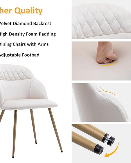 Velvet Dining Chairs Sets of 2, Modern Upholstered Accent Side Chairs with Arm Gold Metal Legs for Kitchen Living Bed Room, Beige - LeafyLoom
