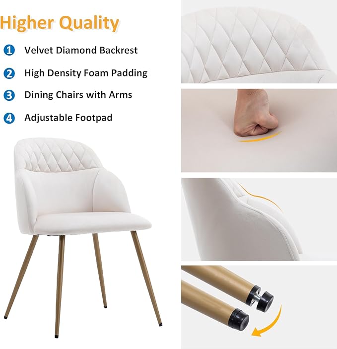 Velvet Dining Chairs Sets of 2, Modern Upholstered Accent Side Chairs with Arm Gold Metal Legs for Kitchen Living Bed Room, Beige - LeafyLoom
