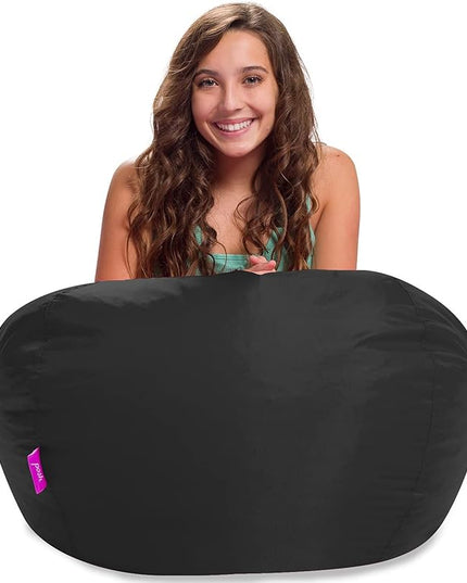 Posh Creations Structured Comfy Seat for Playrooms and Bedrooms, Large Bean Bag Chair, 100in Round Classic Bean Bag, Black - LeafyLoom