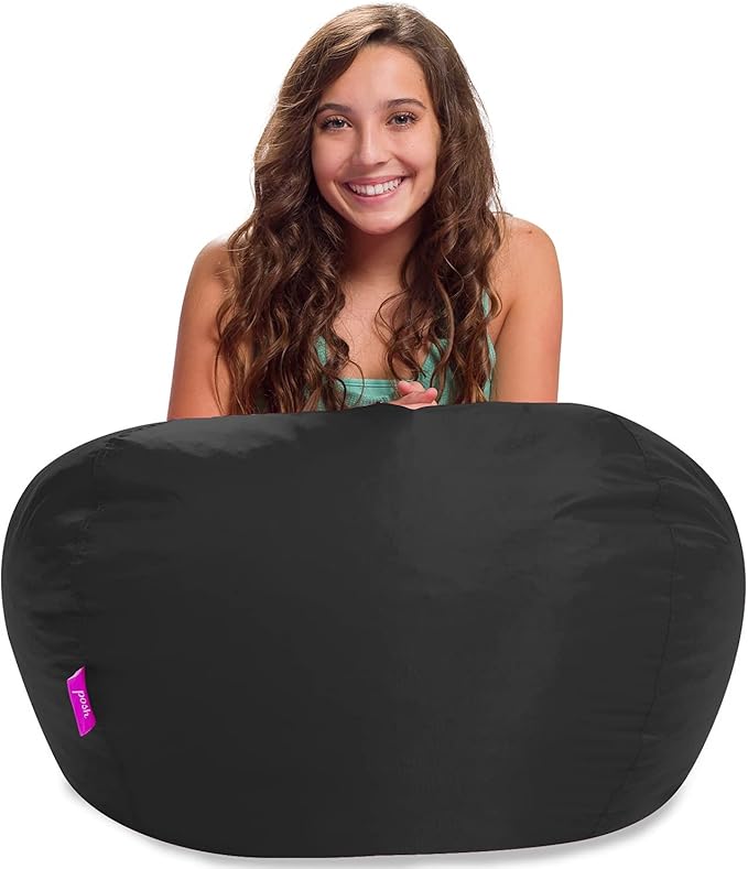 Posh Creations Structured Comfy Seat for Playrooms and Bedrooms, Large Bean Bag Chair, 100in Round Classic Bean Bag, Black - LeafyLoom