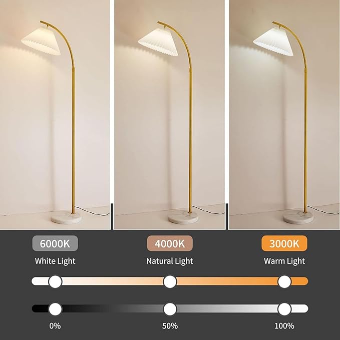 Arched Floor lamp White Fabric Curved Minimalist Floor Lamp with Pleated Shade Boho Floor Lamps for Living Room and bedroom Modern Luxury gold Corner Standing Floor lamp - LeafyLoom