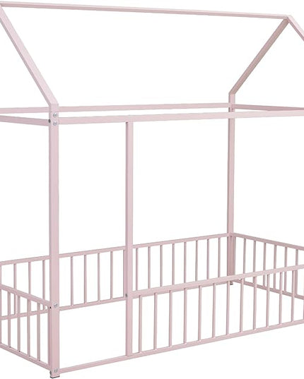 RITSU Twin Size Montessori Floor Bed, Metal House Bedframe with Fence, Robust Construction is Used, for Children'S Rooms, Boys Girls, No Box Spring Needed, Easy Assembly, Pink - LeafyLoom