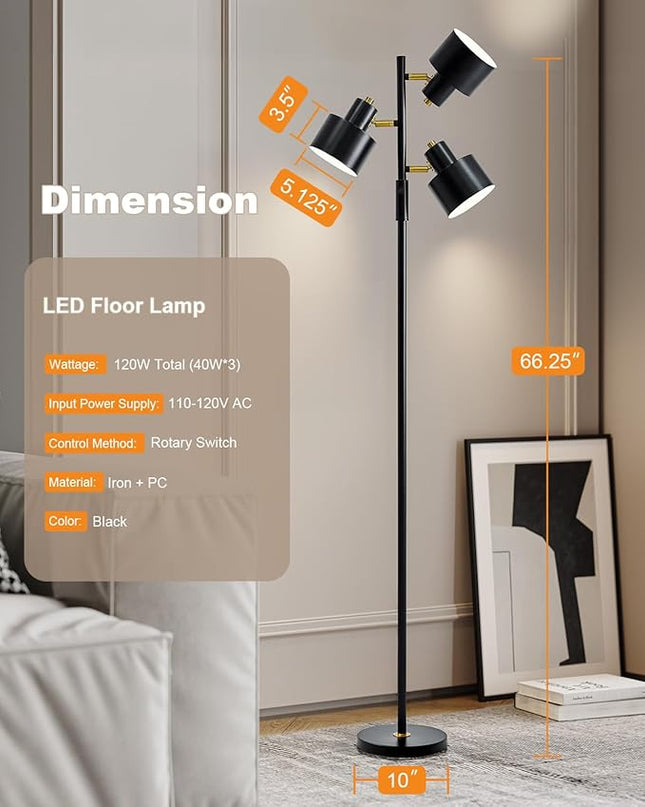 OYEARS Floor Lamp for Living Room Bright Lighting Tall Modern Industrial Vintage Standing Corner Lamps LED Metal Light Office Bedroom Study Gold Black White Matte Accent (3-Light, Black) - LeafyLoom