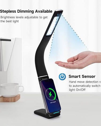LED Desk Lamp with Wireless Charger, USB Charging Port, Stepless dimmable brightness, Natural Lights, Desk Lamps for Home Office, Table Lamp Eye Caring Reading Light, Gesture Control desk light - LeafyLoom