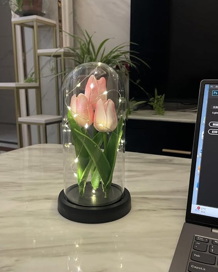 LED Tulip Lamp Artificial Flower Night Light Handmade Light up Tulips in Glass Dome Table Lamp Ornaments Desktop Decor - Battery Operated (Pink) - LeafyLoom