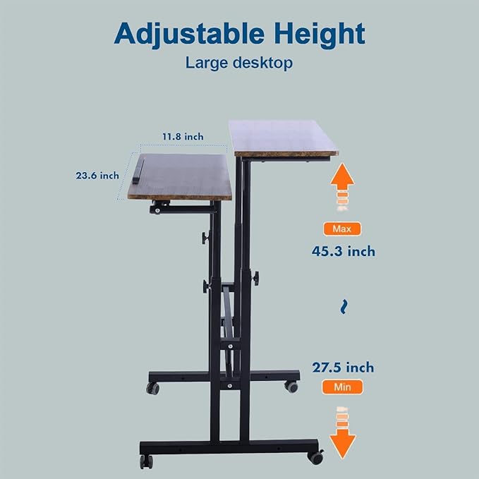 AIZ Double Adjustable Computer Desk Home Office Workstation with Rolling Wheels, Portable Laptop Table for Standing or Sitting, Adults or Children,Brown, Black & Yellow - LeafyLoom