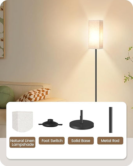 Floor Lamp, Pole Lamp with Foot Switch, Modern Standing Lamp Lampshade, Minimalist Freestanding Lamp (Bulb Not Included), for Living Room, Bedroom Office FCC Listed, Black and Beige E07LD05 - LeafyLoom