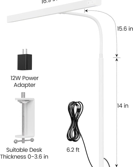 SUPERDANNY LED Desk Lamp for Home Office, Eye-Caring Desk Light with Adjustable Gooseneck, 12W Touch Control Dimmable Brightness, Architect Clamp Lamp with USB Adapter, White - LeafyLoom