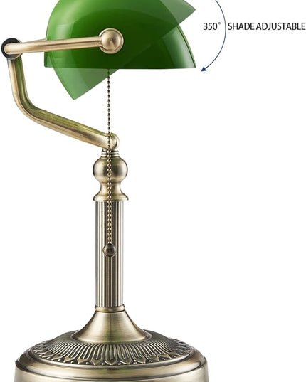 Newrays Green Glass Bankers Desk Lamp with Pull Chain Switch Plug in Fixture - LeafyLoom