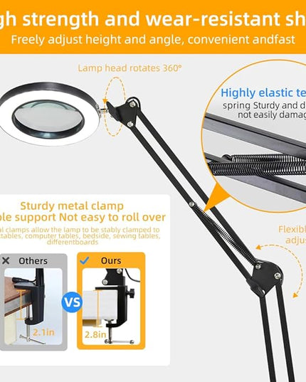 CANMEIJIA 10X Magnifying Glass with Light and Stand,5 Color Modes Stepless Dimmable Clamp on Desk Lamp,2-in-1 Hands-Free Magnifier Lamp for Craft,Painting,Soldering,Hobby,Sewing,Close Work,Reading - LeafyLoom