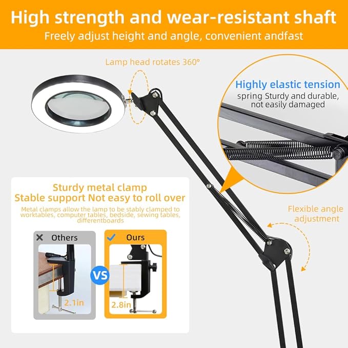 CANMEIJIA 10X Magnifying Glass with Light and Stand,5 Color Modes Stepless Dimmable Clamp on Desk Lamp,2-in-1 Hands-Free Magnifier Lamp for Craft,Painting,Soldering,Hobby,Sewing,Close Work,Reading - LeafyLoom
