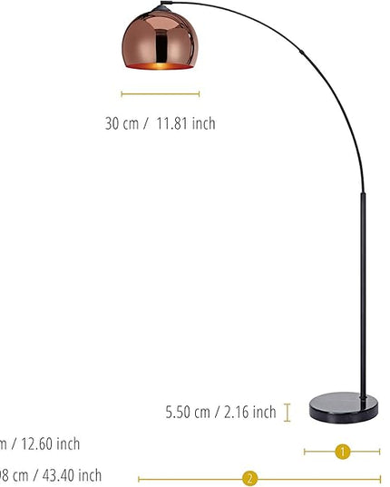 Teamson Home Arquer 66.93" Arc Floor Lamp for Living Rooms, Home Offices, Dining Rooms, Bedrooms with Faux Black Marble Base and Rose Gold Bell Shade - LeafyLoom