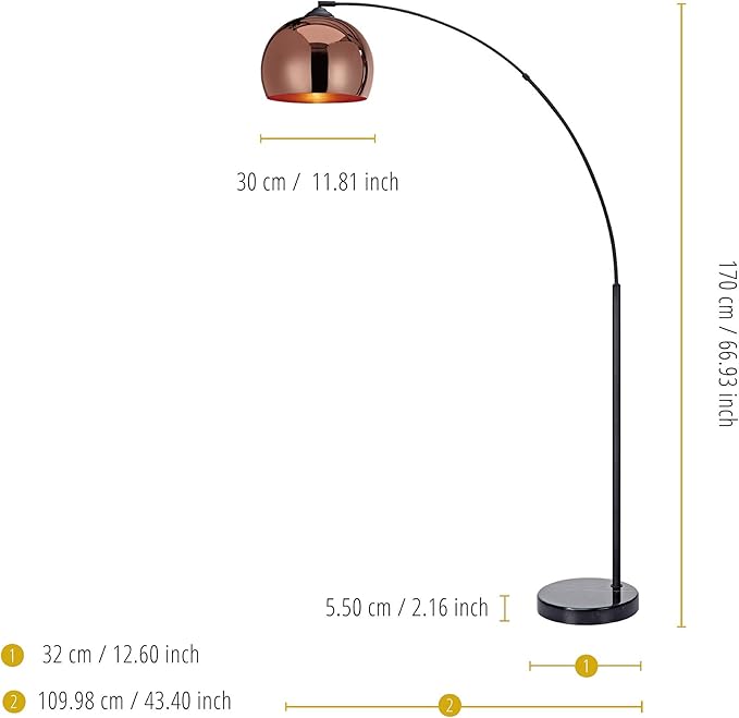 Teamson Home Arquer 66.93" Arc Floor Lamp for Living Rooms, Home Offices, Dining Rooms, Bedrooms with Faux Black Marble Base and Rose Gold Bell Shade - LeafyLoom