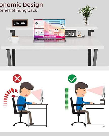 COTUBLR Small Desk, Small Computer Desk for Small Spaces, 27.5 Inch Computer Desk with Adjustable Monitor Stand, Compact Desk with Storage for Bedroom Home Office, White Tabletop+Black Frame - LeafyLoom