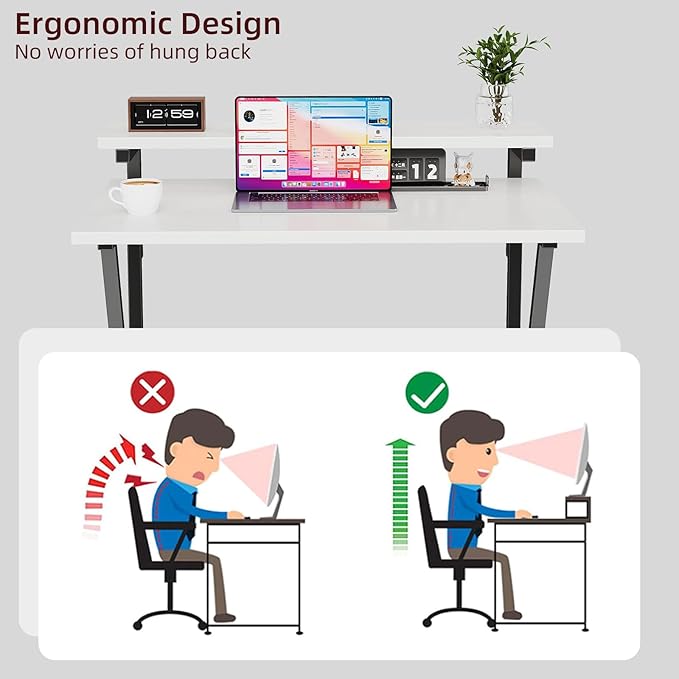 COTUBLR Small Desk, Small Computer Desk for Small Spaces, 27.5 Inch Computer Desk with Adjustable Monitor Stand, Compact Desk with Storage for Bedroom Home Office, White Tabletop+Black Frame - LeafyLoom