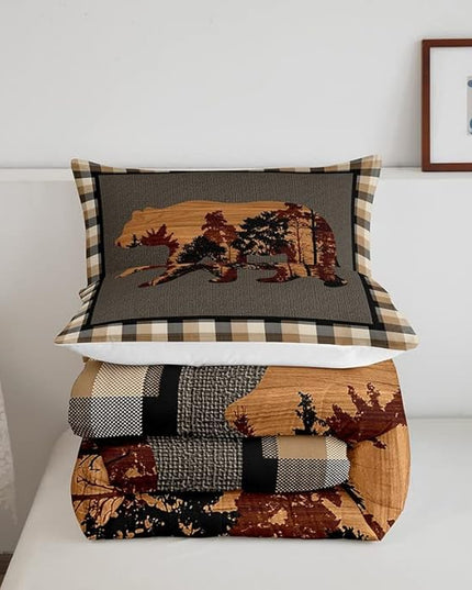 Cute Bear Comforter Set Wild Animal Pattern Bedding Set for Teens Nature Wildlife Bear Bedding Set Western Farmhouse Orange Grey Duvet Set Room Decor Full Size Duvet Set 3Pcs - LeafyLoom