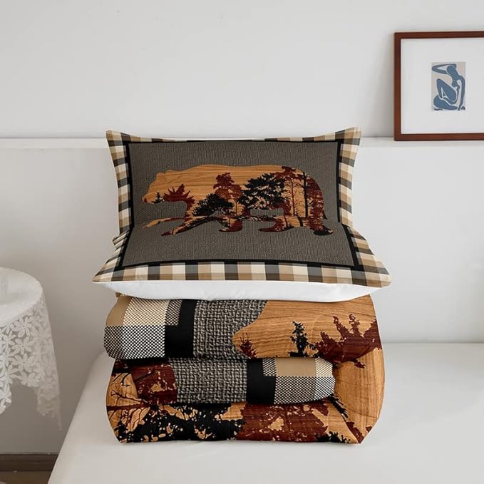 Cute Bear Comforter Set Wild Animal Pattern Bedding Set for Teens Nature Wildlife Bear Bedding Set Western Farmhouse Orange Grey Duvet Set Room Decor Queen Size Duvet Set 3Pcs - LeafyLoom