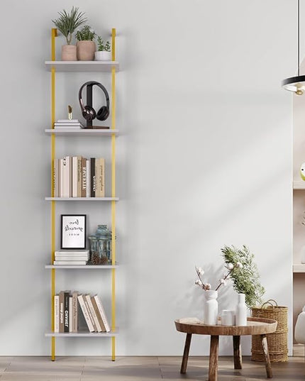 Nidouillet 5 Tier Ladder Shelf, 70-Inch Wall Mounted Bookshelf Metal Frame Storage Rack and Industrial Display Shelves for Living Room Bedroom Home Office - White - LeafyLoom