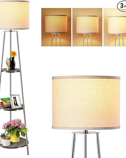 Floor Lamp, Standing Lamp with White Fabric Shade, 3-Tier Round Corner Shelf Floor Lamp with 3 Dimmable Levels, Tall Modern Floor Lamps with Shelves for Bedroom, Living Room and Office - LeafyLoom