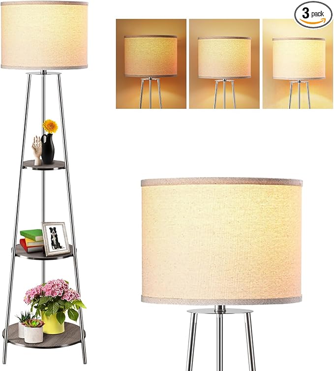 Floor Lamp, Standing Lamp with White Fabric Shade, 3-Tier Round Corner Shelf Floor Lamp with 3 Dimmable Levels, Tall Modern Floor Lamps with Shelves for Bedroom, Living Room and Office - LeafyLoom