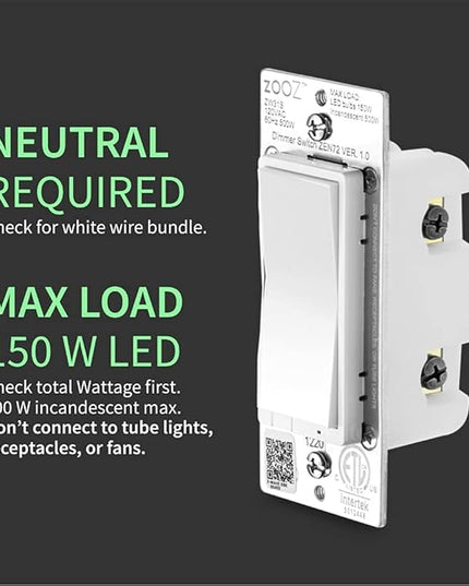 Zooz 800 Series Z-Wave Long Range Dimmer Switch ZEN72 800LR, White | Direct 3-Way (No Add-On Switch Needed) | Z-Wave Hub Required ZOOZ