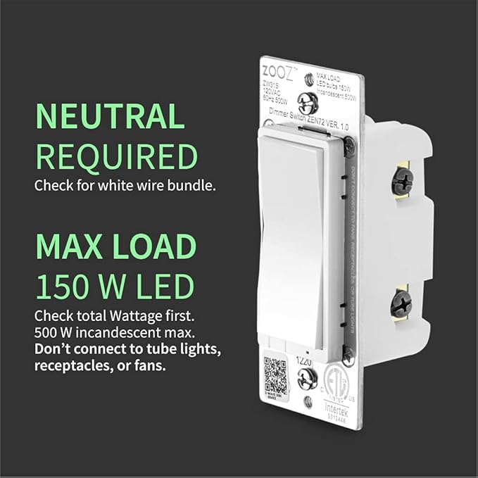 Zooz 800 Series Z-Wave Long Range Dimmer Switch ZEN72 800LR, White | Direct 3-Way (No Add-On Switch Needed) | Z-Wave Hub Required ZOOZ