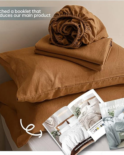 Simple&Opulence 100% Linen Sheet Set Solid Color-4 Pcs Washed French Linen Bed Sheets(1 Flat Sheet,1 Fitted Sheet,2 Pillowcases)-Breathable Bedding Set (Rust, King) - LeafyLoom