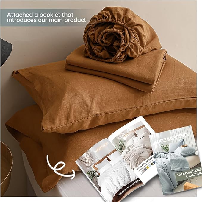 Simple&Opulence 100% Linen Sheet Set Solid Color-4 Pcs Washed French Linen Bed Sheets(1 Flat Sheet,1 Fitted Sheet,2 Pillowcases)-Breathable Bedding Set (Rust, King) - LeafyLoom