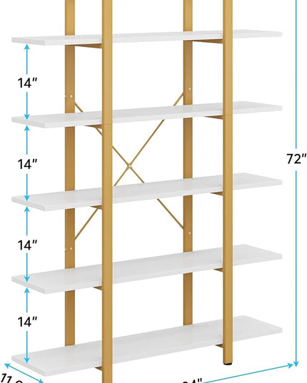 Tribesigns 5-Tier Bookshelf, Vintage Industrial Style Bookcase 70 ‘’ H x 12’’ W x 47’’L, Gold - LeafyLoom