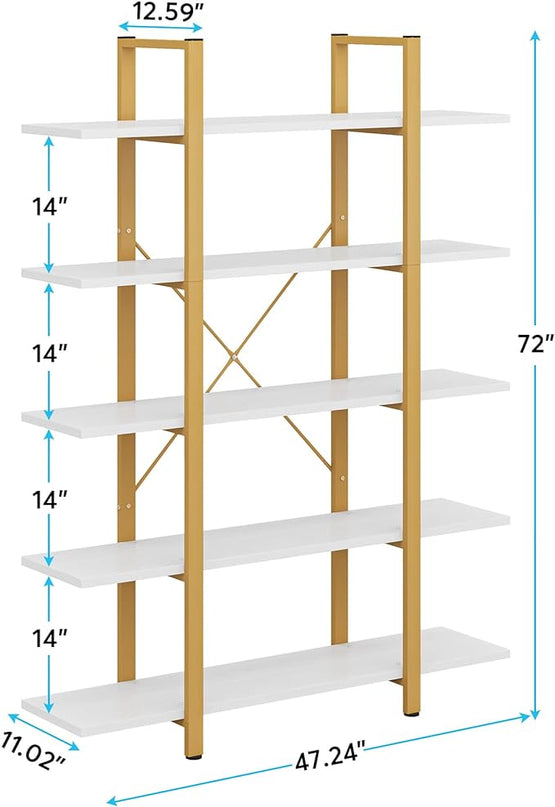 Tribesigns 5-Tier Bookshelf, Vintage Industrial Style Bookcase 70 ‘’ H x 12’’ W x 47’’L, Gold - LeafyLoom
