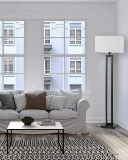 Globe Electric 67046 D'Alessio 58" Floor Lamp, Matte Black, White Linen Shade, On/Off Socket Rotary Switch - LeafyLoom