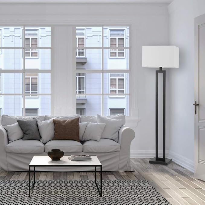Globe Electric 67046 D'Alessio 58" Floor Lamp, Matte Black, White Linen Shade, On/Off Socket Rotary Switch - LeafyLoom
