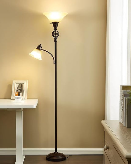 Floor Lamp, Standing Lamp with Adjustable Side Reading Light, Floor Lamps for Living Room with Glass Shade 72-Inch Torchiere Tall Lamps Decor for Bedroom Living Room Den Office (Bulb Included) - LeafyLoom